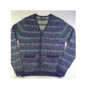 Beams Plus Mens Mohair Wool Blend Striped Cardigan Sweater Blue Multi Size S